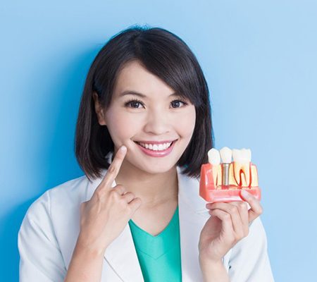 Implant dentist in Bowie holding model and pointing at her smile.