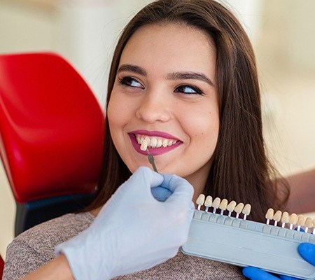 woman smile compared with tooth shade chart before cosmetic dentistry